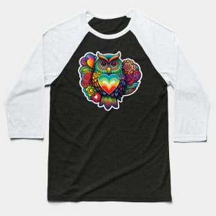 Groovy Psychedelic Owl in Purple Baseball T-Shirt
